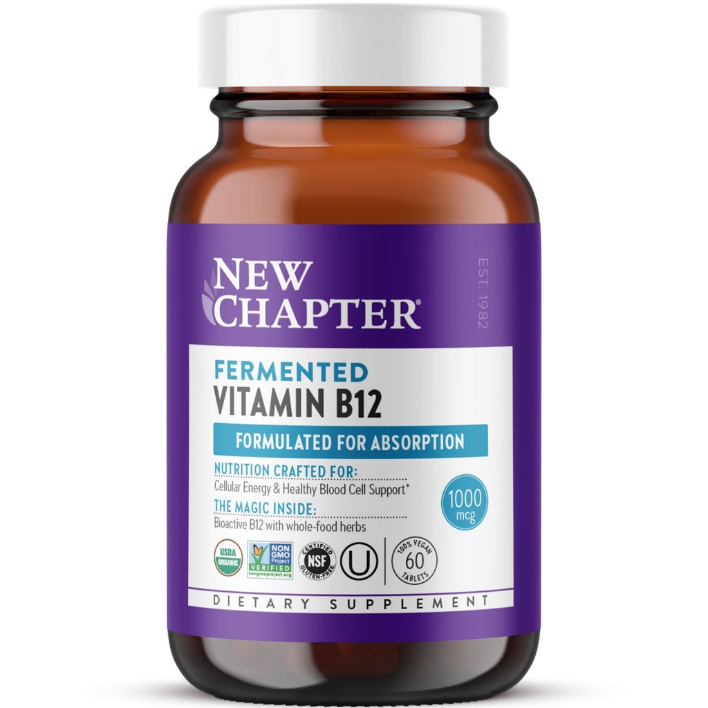 Nieuw hoofdstuk Gefermenteerde vitamine B12 1.000 mcg, USDA Organic, ONE Daily for Cellular Energy + Healthy Blood Cells, Certified Vegan, Gluten Free - 60 Tellen