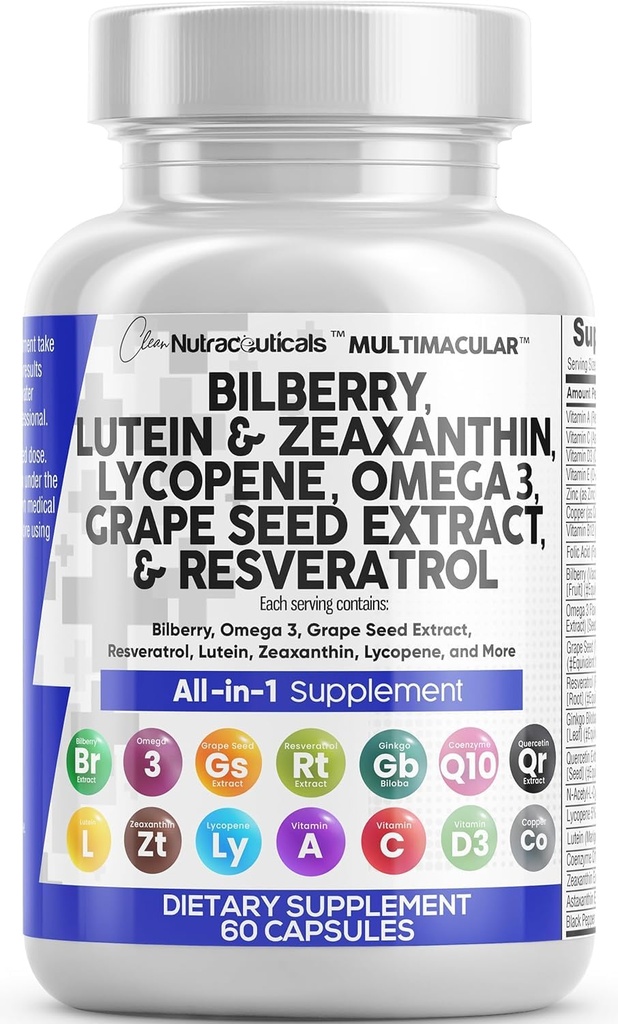 Clean Nutra Oogvitaminen met Bilberry Luteïne en Zeaxanthine Supplementen Lycopeen 40mg Resveratrol Grape Seed Astaxanthine voor Ogen - Eye Care Health Ondersteuning Oogvitamine en Mineraal Supplement