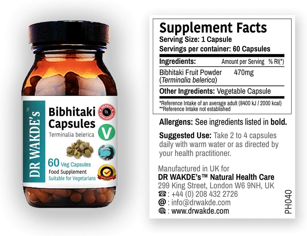 DR WAKDE'S Bibhitaki Capsules (Beheda, Terminalia belerica, 60 Veg Caps, Plant Based Supplement, Ayurvedic Herb, All Natural, Vegan)