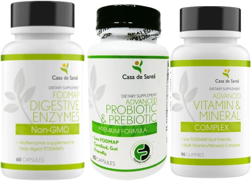 Casa de Sante Probiotic & Prebiotic Synbiotic, Advanced Vitamin & Mineral Complex Gummies and FODMAP Digestive Enzymes, Non GMO Low FODMAP Certified Bundel