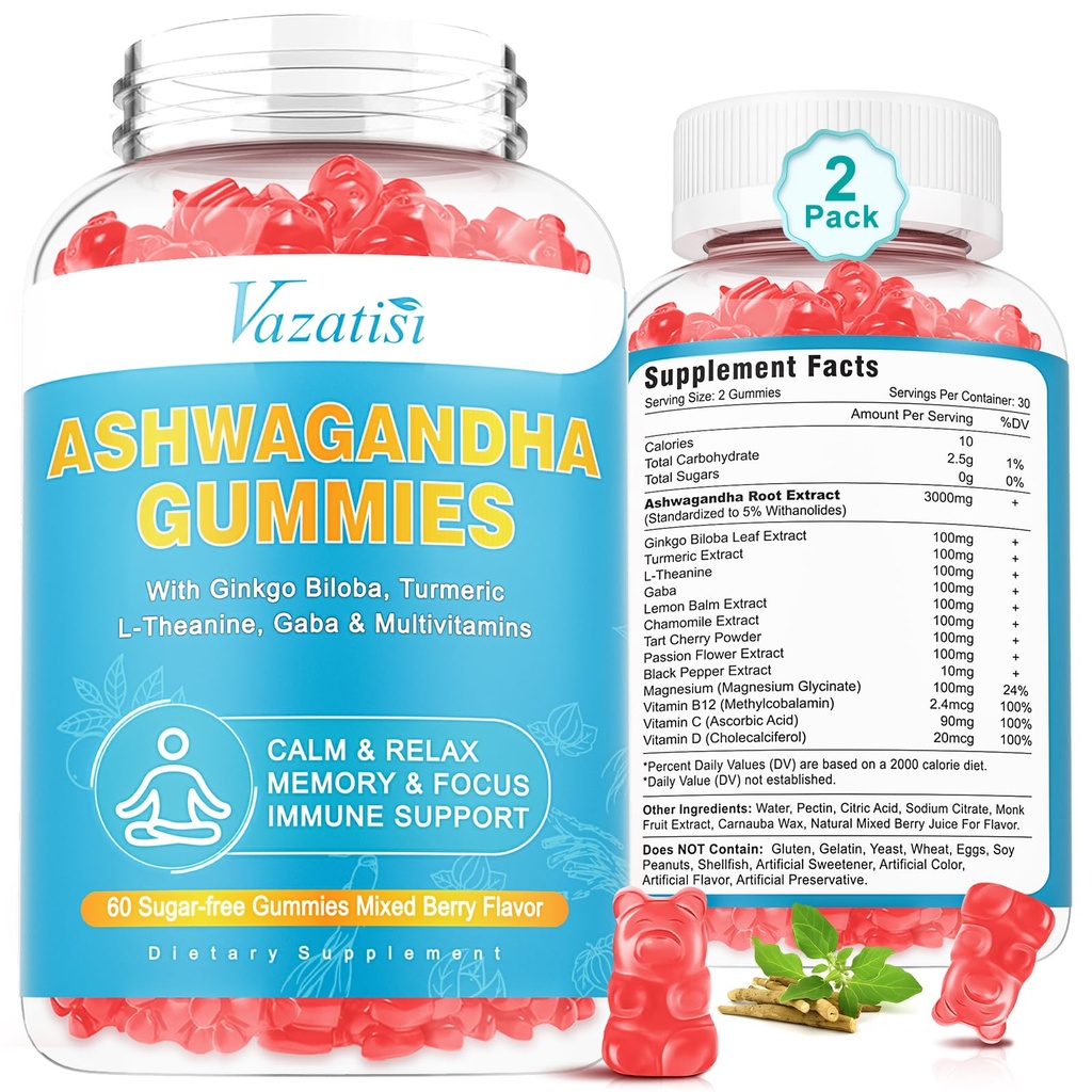 2 Pack Ashwagandha Gummies met Kurkuma GABA Mood Energie en Immune Ondersteuning, Gemengde Berry Flavor 120 Cts