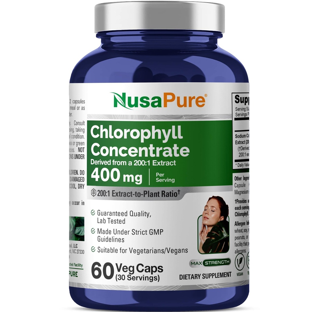 NusaPure Chlorofyl 200:1 Extract, 400 mg Equivalent aan 80.000mg 60 Veggie Caps (Equivalente 80000mg per Serving, Non-GMO, Vegan) Natrium Koper Chlorofyl