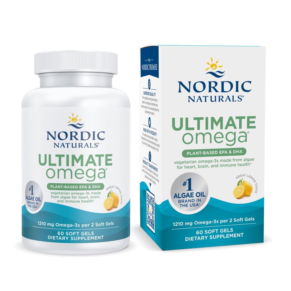 Nordic Naturals Plant Based Ultimate Omega, Lemon Flavor - 60 Vegetarische Zachte Gels - 1210 mg Omega-3 - Veganistische EPA en DHA - Supplement Made from Algene - Brain & Heart Support - Non-GMO - 30 Servings