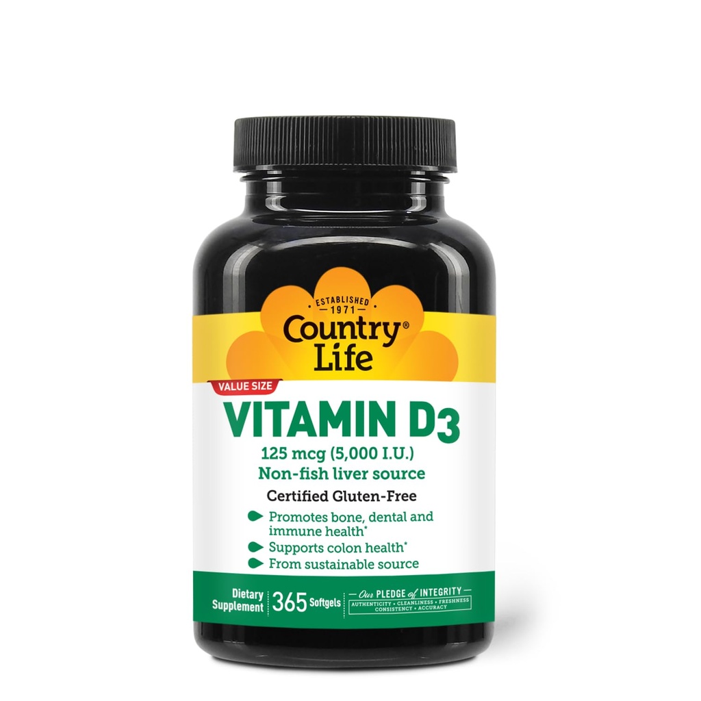 Country Life Vitamine D3 5000 IE Hoge potentie, Niet-Vis Bron, Ondersteunt Bot Gezondheid, Immuunfunctie en Calciumabsorptie .. 365 Softgels, Gecertificeerde Glutenvrije, Langetermijnvoorziening