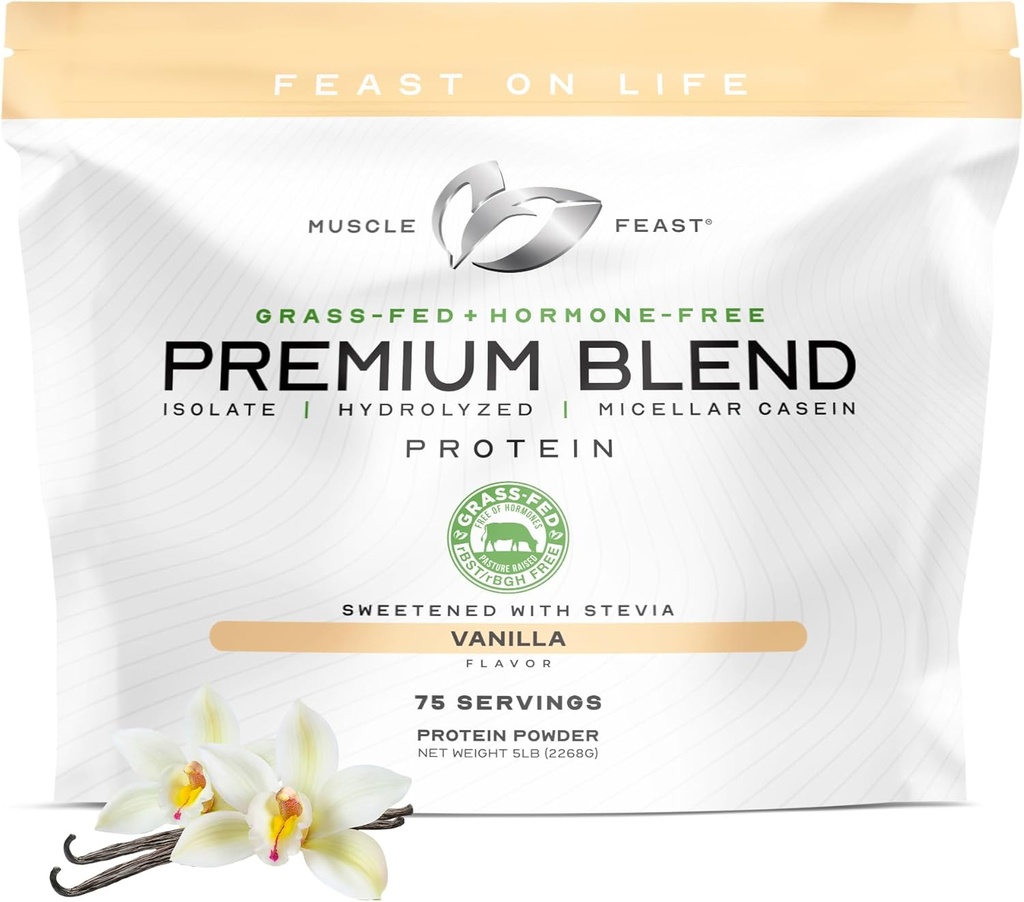 Muscle Feast Grass Fed Premium Blend Wei Proteïne, Gehydrolyseerde Wei, Isolaat, Micellar Casein, 21g Proteïne, 100 Calorieën (Vanilla, 5lb)