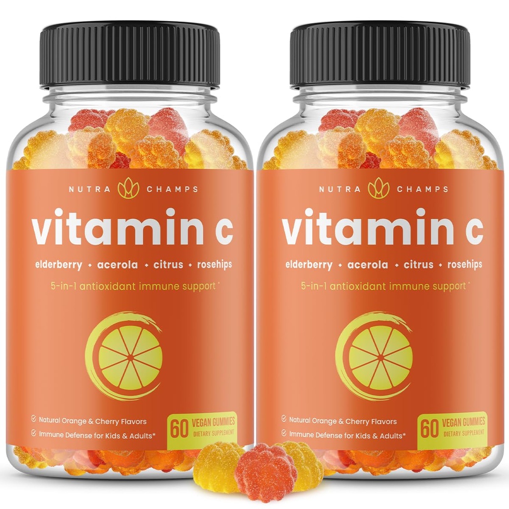 NutraChamps Vitamine C Gummies voor volwassenen en kinderen, 5-in-1 Immuunsysteem ondersteuning met vlierbessen, rozenbottels, Citrus Bioflavonoïden & Acerola Cherry, Immunity Booster Supplement (Pack of 2)