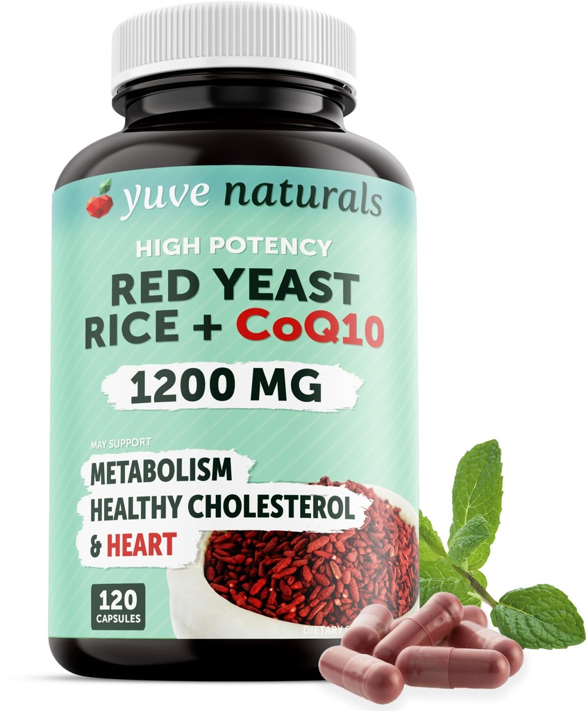100% Natural Red Yeast Rice 1200 mg with CoQ10 100 mg, 2 in 1, Maintain Healthy Cholesterol Levels - 120 Veggie Capsules