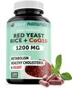 100% Natural Red Gist Rice 1200 mg met CoQ10 100 mg, 2 in 1, Handhaaf gezonde Cholesterol niveaus - 120 Veggie Capsules