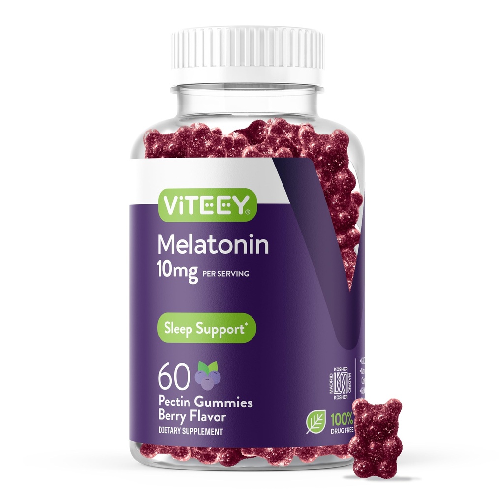 Viteey Melatonine Gummies 10mg - Slaap Gummies voor volwassenen Extra sterkte Melatonine - Vegan, GGO vrij, Glutenvrij - 60 Tel.