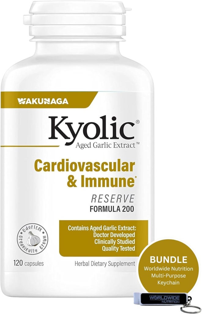 Worldwide Nutrition Bundle Compatibel met Kyolic Aged Knoflook Extract, Cardiovasculaire & Immune - Reserve Formule 200, Kyolc Aged Knoflook Extract Capsules 120 Tel en Multi-Purpose Key Chain