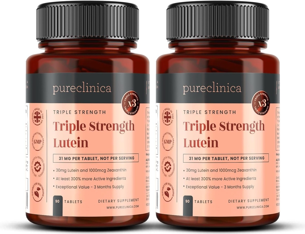 pureclinica Lutein 30 mg x 180 tabletten (2 flessen met 90 tabletten in elk). met 1000 mcg Zeaxanthine. 3 x De sterkte van normale luteïnetabletten