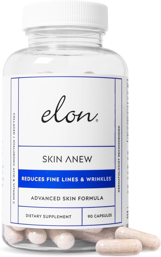 Elon Skin Anew with Hydrolyzed Collagen & Hyaluronic Acid & Grape Seed Extract & Antioxidants | Hydrating & Anti Aging Supplement for Vibrant Skin Health (90 Capsules)