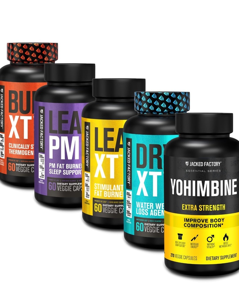 Ge Jacked Factory Thermogenic Fat Burner Weight Loss Supplement - Burn-XT Thermogenic en Lean PM Nachtelijk gewichtsverlies Slaaphulp - Lean-XT Cafeine-Free Fat Burner, Yohimbine Capsules, Dry XT Diuretic