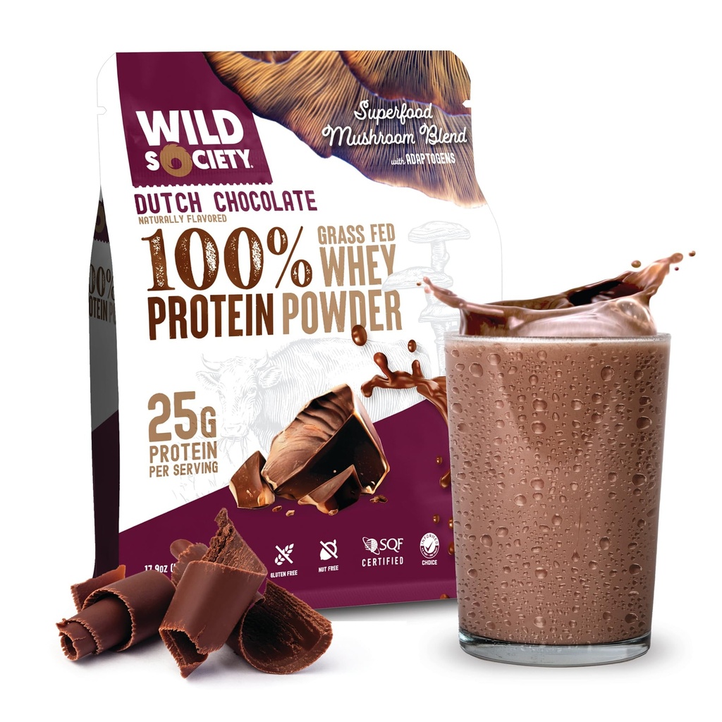 WILD MAATSCHAPPIJ - Premium 100% Gras Fed Wei Proteïne Poeder + Superfood Paddenstoelen en Adaptogenen - 25g Proteïne, Clean Proteïne Poeder, 0 Toegevoegd Suiker, Niet GGO, Glutenvrij - Hollandse Chocolade - 17,9 oz