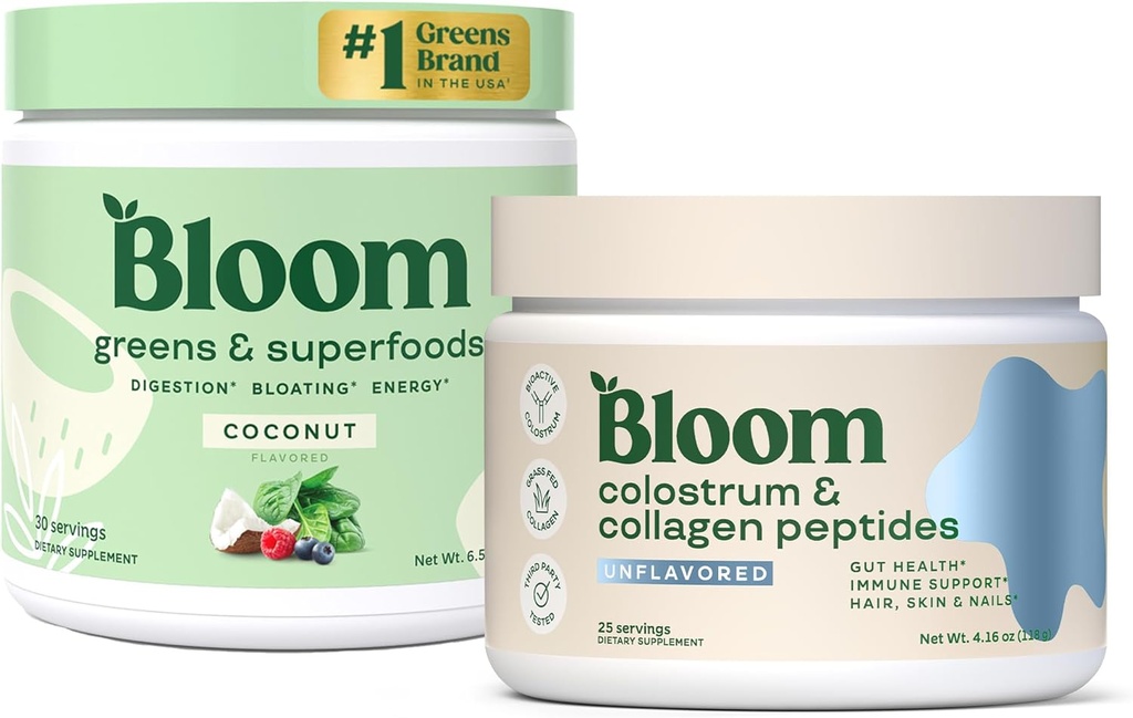 Bloom Nutrition Superfood Greens Powder, Digestieve Enzymen met Probiotica en Prebiotica, Gut Health, Bloating Relief, Kokos + Bovine Colostrum Powder Puur 40% IgG Premium Colostrum