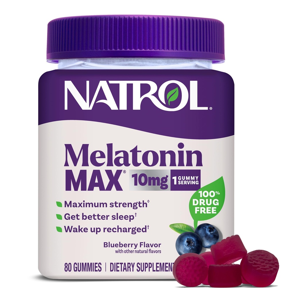 Natrol Melatonine 10mg slaaphulpsupplement, 80 Graaf MelatonineMax Gummies, Blueberry Flavor, 10 mg Melatonine Gummies voor af en toe slapeloosheid, 80 dagen aanbod