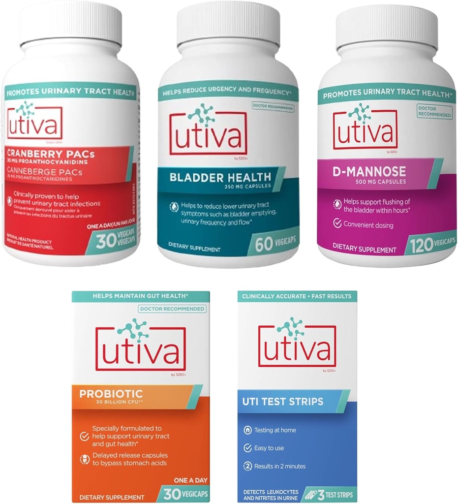 15% Bundle Utiva Cranberry PACs 30 Vegi Capsules + Utiva Bladder Health 60 Capsules + Utiva D-Mannose 500mg 120 Capsules + Utiva Probiotic 30 Vertraagde Release Vegi Capsules + Utiva UTI Teststrips