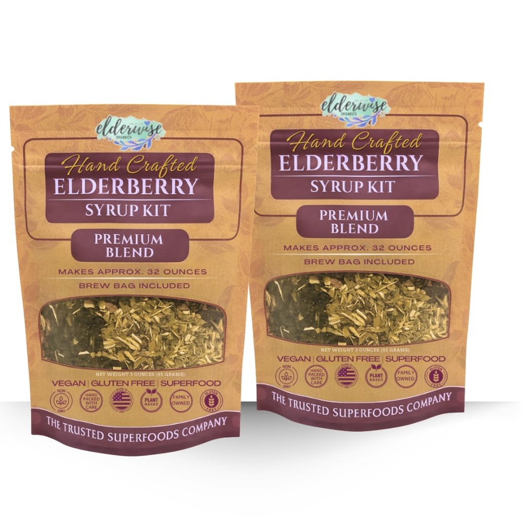 Vlierbes Siroop Kits 2X - Elke Makes Ca. 32oz - Inclusief Brouwzakken - Ingrediënten - Vlierbessen - Rozenbottels - Gember - Echinacea - Kaneel - Kruidnagels - Ouderwets