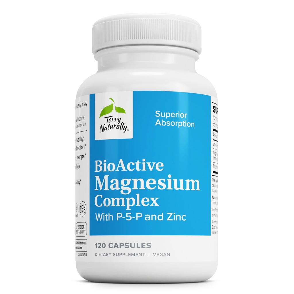 Terry Naturally BioActive Magnesium Complex - Bone & Heart Health Support - Supplement with Vitamin B6, Zinc & Magnesium - Pyridoxal-5-Phosphate Vegan Capsule Supplement - 120 Capsules