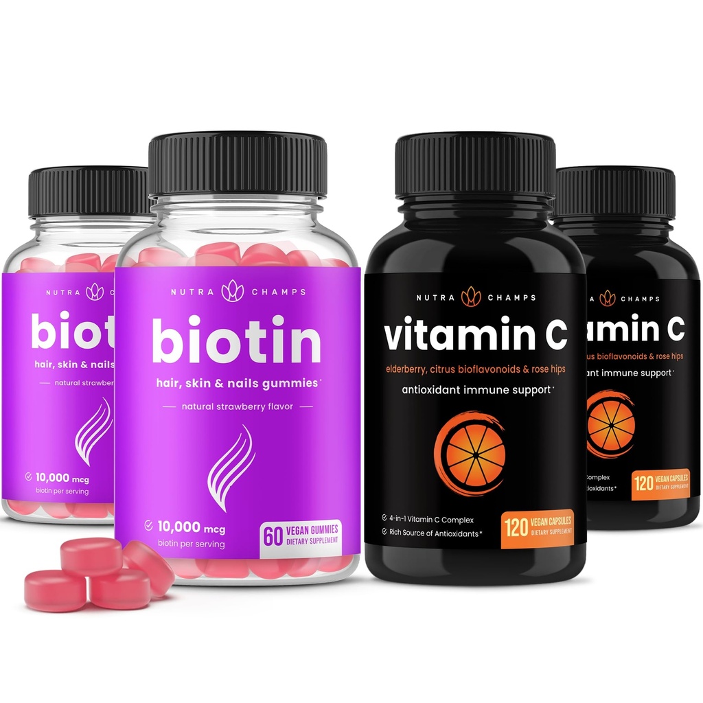 NutraChamps Biotin Gummies (2 Pack) en vitamine C Capsules (2 Pack) 4 Pack Bundle
