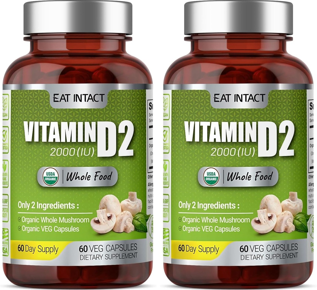 Biologische Veganistisch Whole Food Vitamin D2 (2 Pack), 2000 IE (50 mcg), Twee Ingrediënten (Organic Whole Mushroom Organic Vegan Capsule), Non-GMO, 120 Days Supply