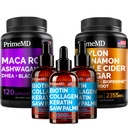 5-in-1 Ceylon Cinnamon (120ct), 4-in-1 Biotin Collagen Keratin Saw Palmetto (2 fl oz - 3 Pack) & 6-in-1 Maca Root Ashwagandha (120ct) Bundle - Energy, Mood, Hair, Skin & Immune Support Supplement