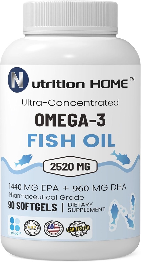 Triple Strength Omega 3 Fish Oil 3000 mg EPA & DHA, 2520 mg omega 3 vetzuren 1440mg EPA + 960mg DHA Best Essential Fatty Acids Premium Burpless Softgel Supplementen (90)