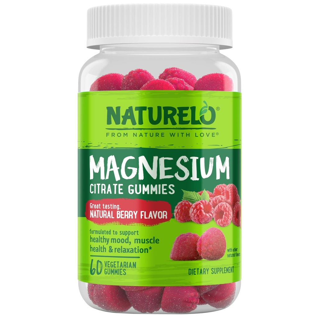 NATURELO Magnesium Citrate Gummies - voor Kalm & Relaxation Support, Natural Berry Magnesium Gummies, 60 Vegetarische Gummies