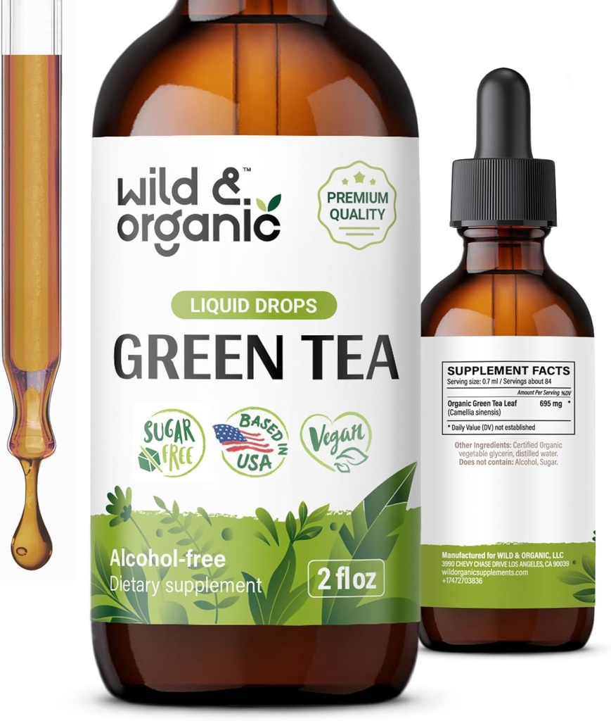Wild & Organic Green Tea Extract Liquid Drops - Antioxidant Supplement - Natural Green Tea Supplements w/Camelia Sinensis - Vegan, Sugar & Alcoholvrije Tinctuur - 2 fl oz