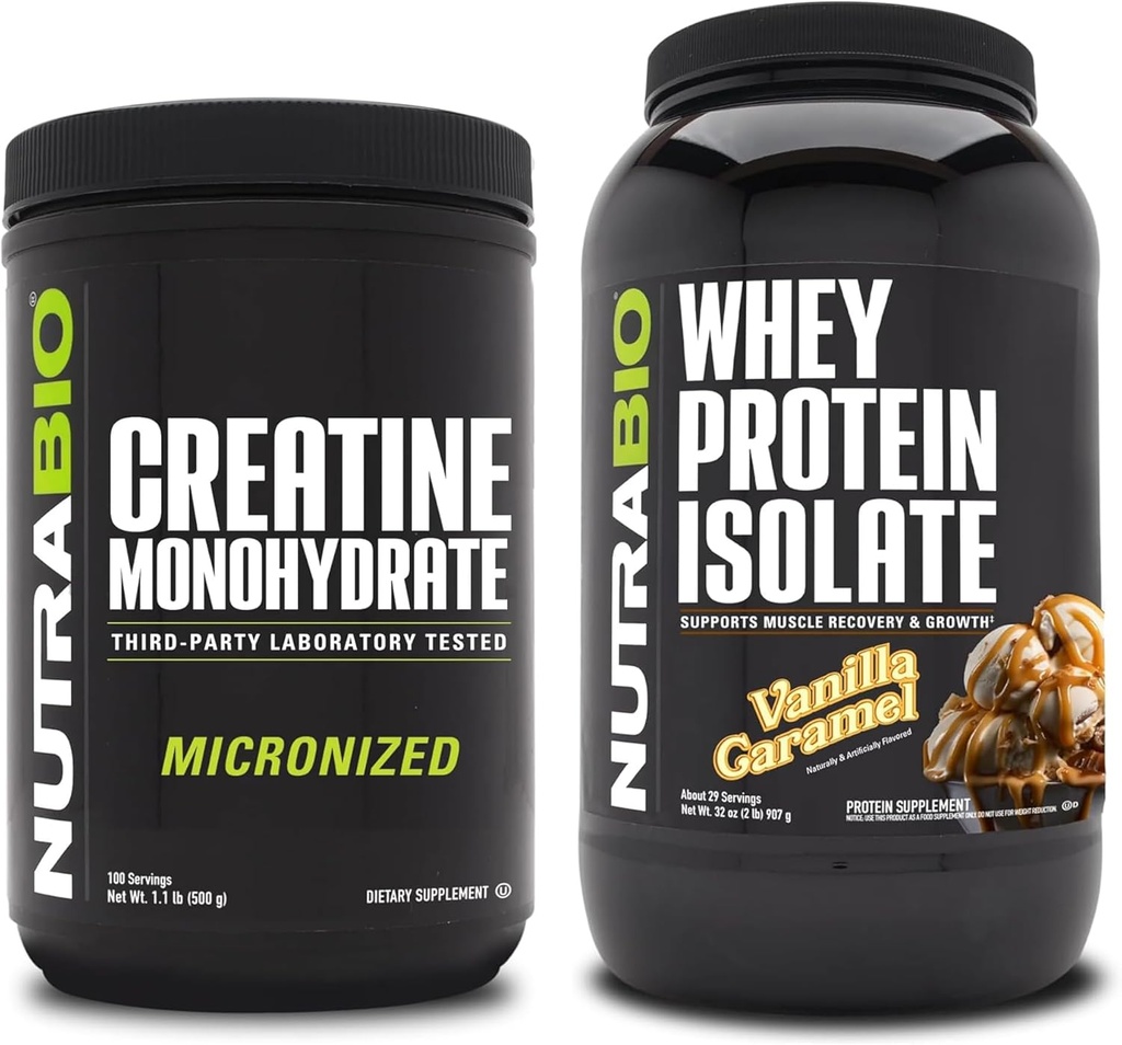 NutraBio Creatine Monohydraat, Unflavored, 500g en Wei Proteïne Isolaat, Vanille Caramel, Supplement Bundle - Spierenergie, Lean Spiergroei, Herstel, en sterkte