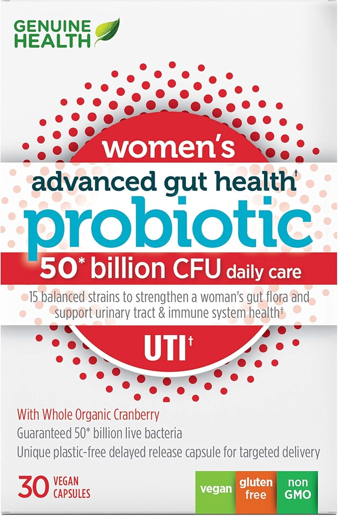 Genuine Health Women's Daily Probiotic for UTI Support, Helps Promote A Healthy Urinary Tract, Multi-Strain, Organic Formula with Cranberry, 30 Capsules