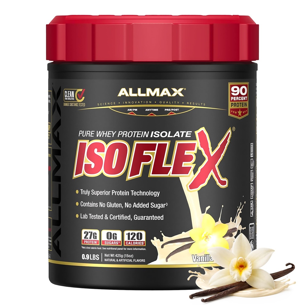 ALLMAX ISOFLEX Wei Proteine Isolaat, Vanille - 1 lb - 27 Gram eiwit per scoop - Zero Fat & Sugar - 99% Lactosevrij - Glutenvrij en sojavrij - Ca. 15 porties