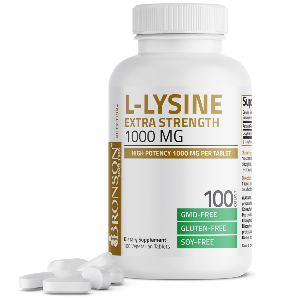 Bronson L-Lysine Extra sterkte 1000 MG per tablet Hoge sterkte, Immuunondersteuning & ondersteuning Collageen Synthese, Niet-GMO, 100 Vegetarische tabletten