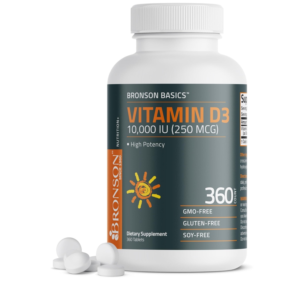 Bronson Vitamine D3 10.000iu (250mcg) 1 jaar aanbod voor gezonde spierfunctie en Immuunondersteuning, Non-GMO, 360 tabletten