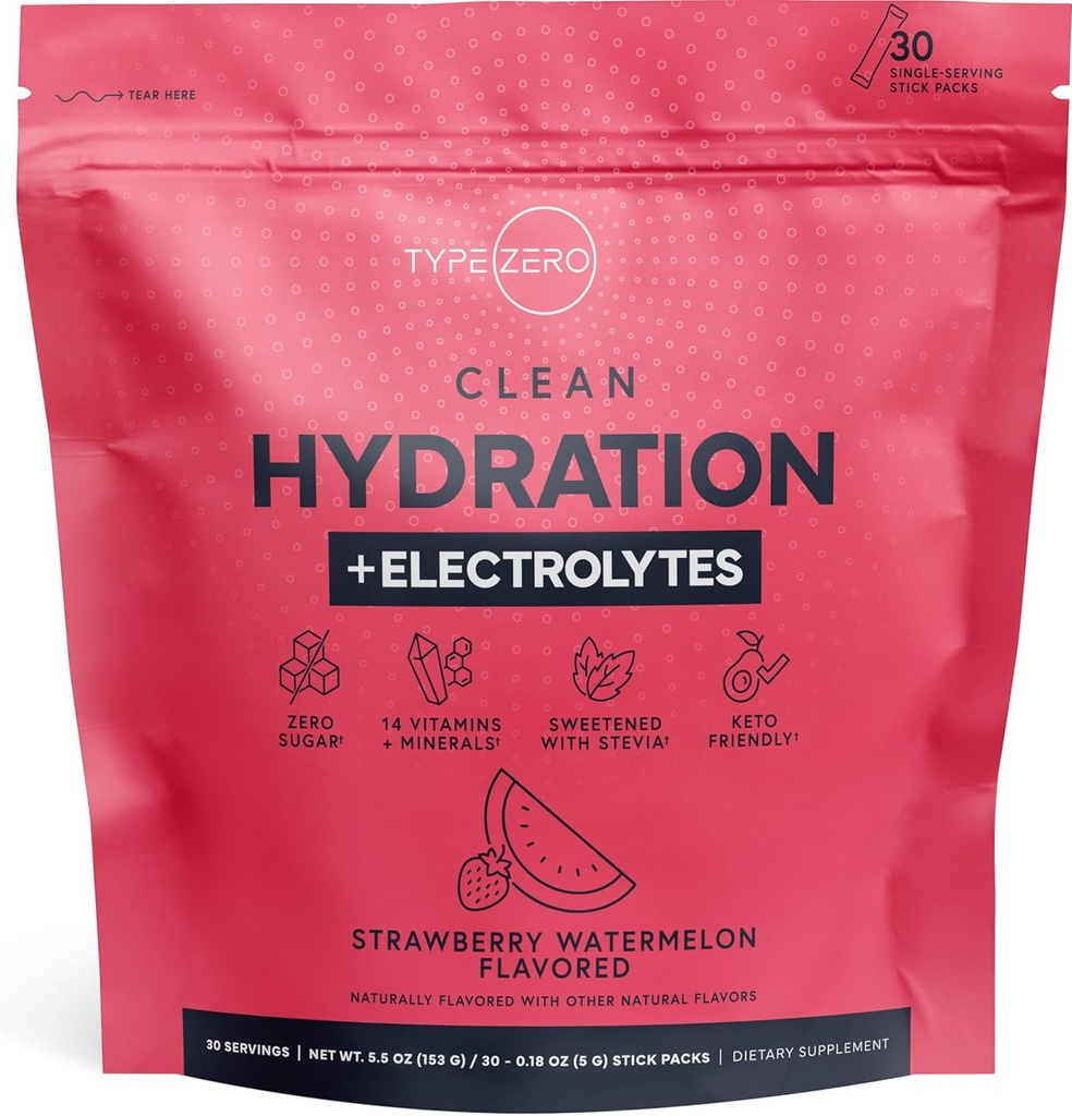 Type Zero Clean Hydration + Electrolytes Drink Mix (30 Single-Serving Packets) - Advanced Hydration for Any Occasion (Strawberry Watermeloen)
