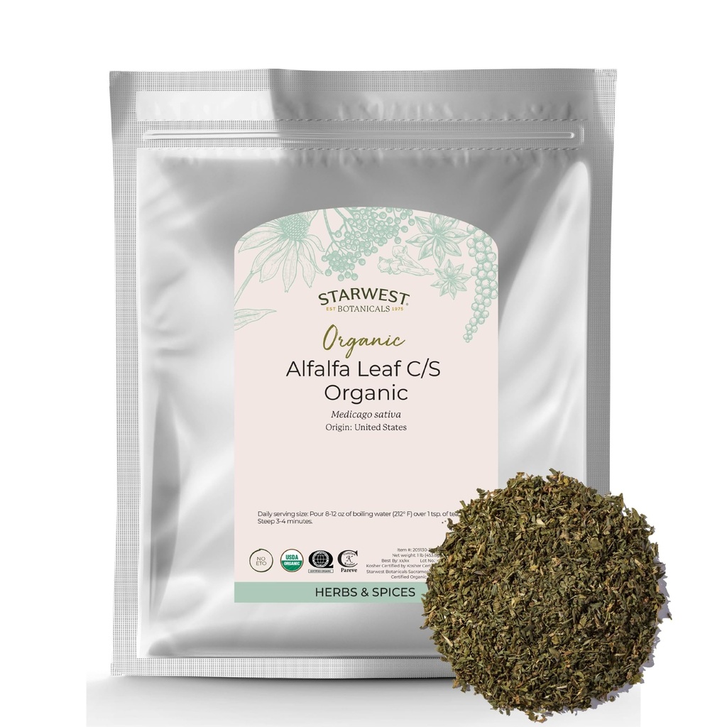 Starwest Botanicals Organic Alfalfa Leaf - Gedroogd Loose Leaf Herb for Nutrition, Use in Tea, Juice, & Smoothies, Cut & Sifted, Certified Kosher, Non-GMO - Bulk 1 lb Bag