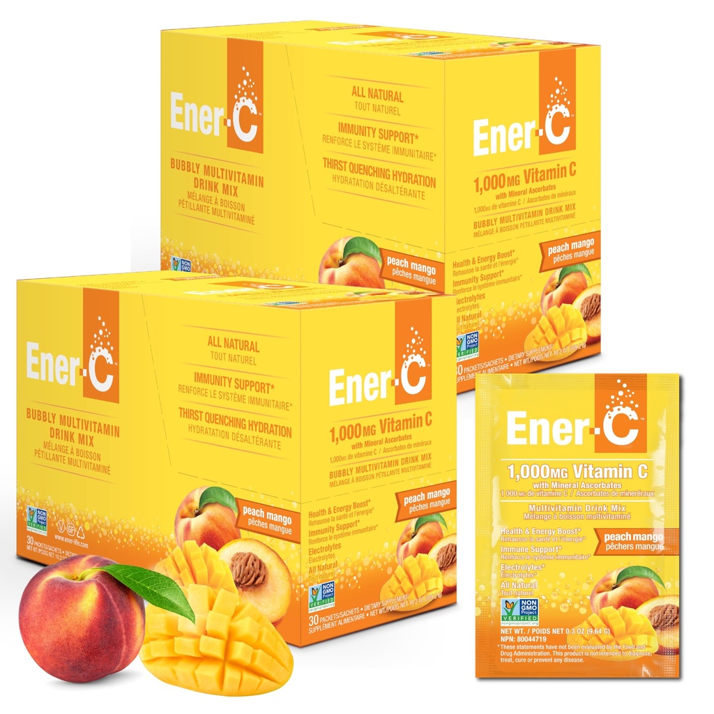 Ener-C Multivitamine Drink Mix - Vitamine Paketten voor Water, Elektrolyten Poeder Paketten, Vitamine Drink Mix, Hydration Liquid Mix, Immune Booster voor Volwassenen, Gezonde Energie - Peach Mango, 60 Tellen