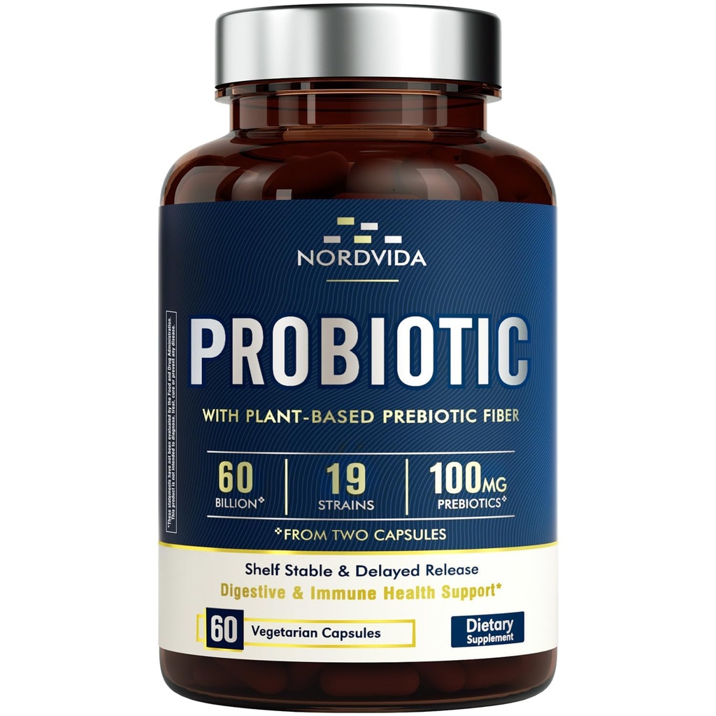 Probiotic 60 Miljard 19 Strains with Organic Prebiotic for Men & Women, Digestive & Immune Health, Shelf Stable Delayed Release, Non-GMO No Dairy, 60 Vegan Caps