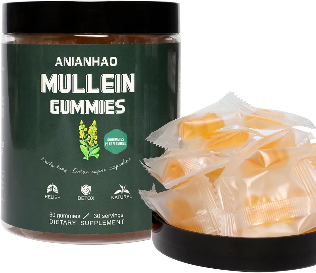 Mullein Gummies 2000mg for Lung Support, Daily Respiratory Health Gummies, Mullein Leaf Extract, Vegan & Non-GMO, Pear Flavor, Lung Health & Sinus Relief