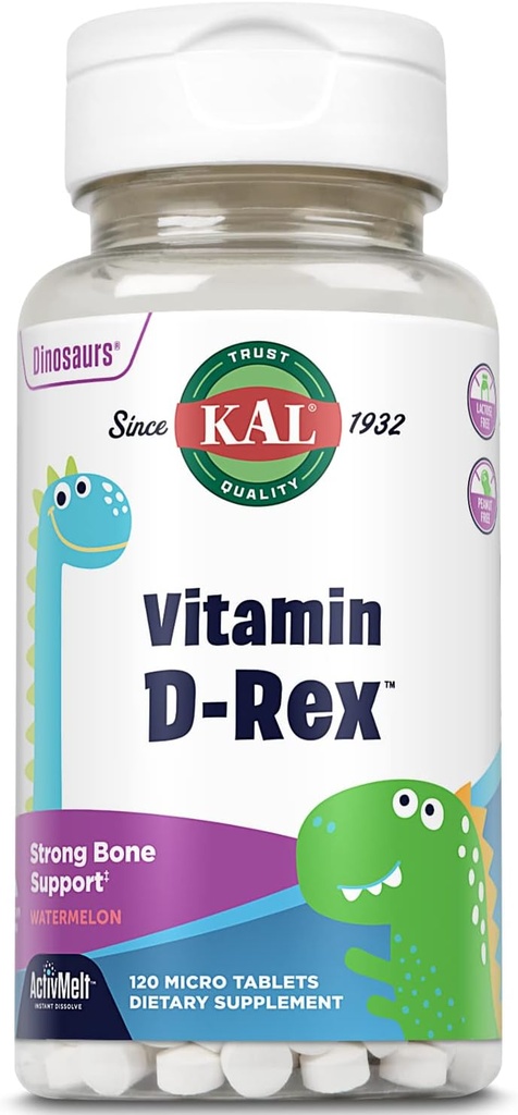 KAL Vitamine D-Rex, Kids Vitamine D, Natural Watermeloen smaak Instant Solution Melts, Immune, Hart, Bot, en Oral Health Support, 120 Servers, 120 Micro Tablets