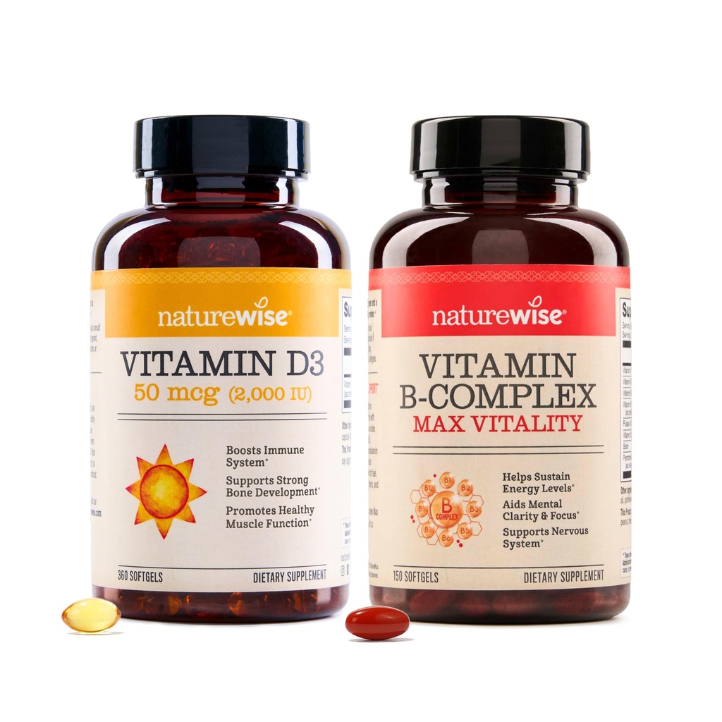 NatureWise Vitamine D3 2000iu 360 Tel en vitamine B Complex 150 Softgels - Gezonde Spierfunctie, Immuunondersteuning, Cellulaire Energie, Geestelijke Helderheid