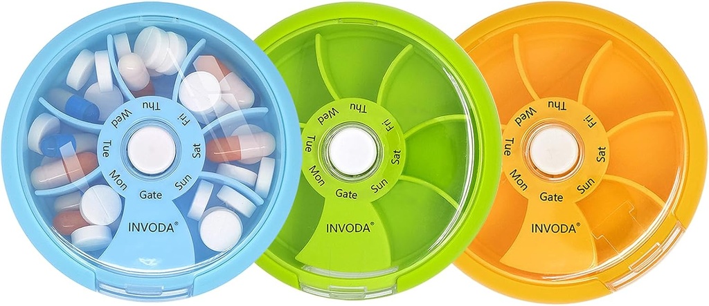 INFODA Weekly pil Organizer 7 Compartiment roterende pil Box voor dagelijkse medicatie & vitamines - Portable Travel Pill Case Visolie Supplementen Vitaminen Organisator (Green+Sky Blue+Orange)