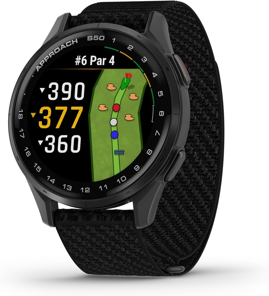 Garmin Approach® S50, Advanced Golf GPS Smartwatch, AMOLED Display, On-Course Features, Pols Hartslag, Slate Aluminium Bezel met Black ComfortFit Nylon Band