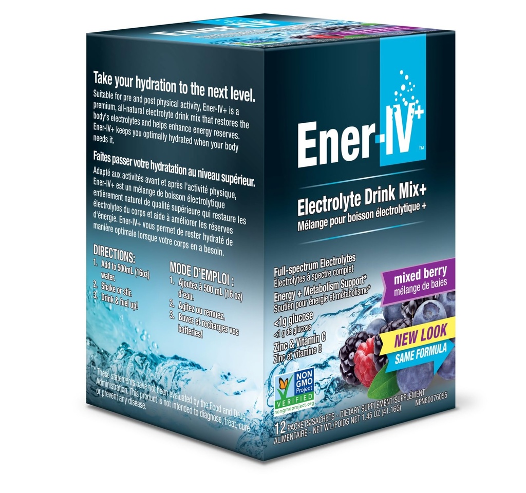 Ener-IV Electrolyte Hydration & Energy Drink Kalium Vitamine C & Zink Elektrolyten Poederpakketten - Spierherstel & Immuniteit Sportdranken voor vrouwen & mannen Lage Suiker Veganistan, gemengde Berry - 12 Tel.