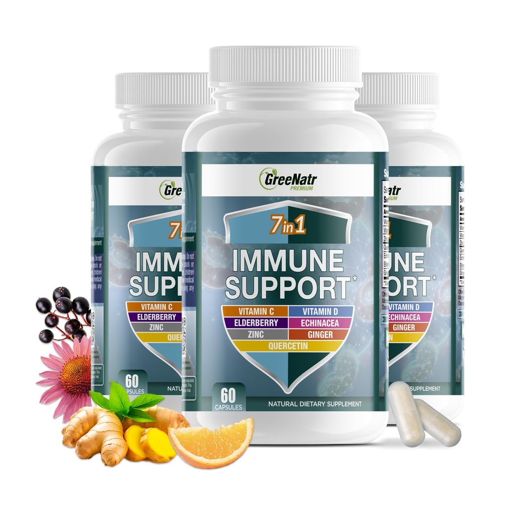 GreeNatr Immune Support Supplement met vitamine C, D3, Zink 50 mg, quercetine, Echinacea Purpurea, Sambucus Vlierbes en Gember voor volledige immuniteit - 60 capsules (3 flessen)