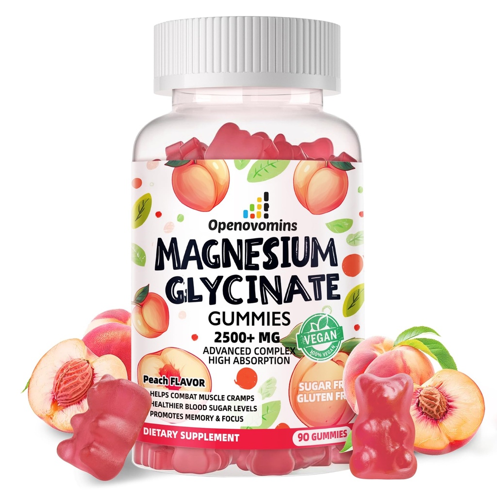 Magnesium Glycinate Gummies 2500mg - Suikervrij Magnesium Kalium Supplement met Vitamine D, B6, CoQ10 voor Kalm Mood & Slaap Ondersteuning - 90 Perzik Gummies