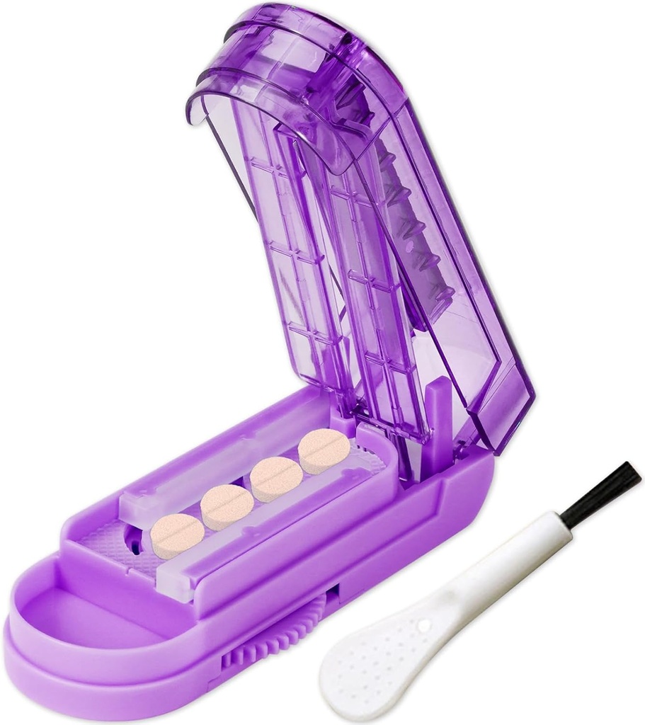 JohnBee Pill Cutter Splitter voor kleine en kleine pillen. Verstelbare pil splitter Snijdt nauwkeurig meerdere pillen in een keer. Sharp Blade met veiligheidsbescherming. Non-Slip Siliconen Rand (Donker Paars)