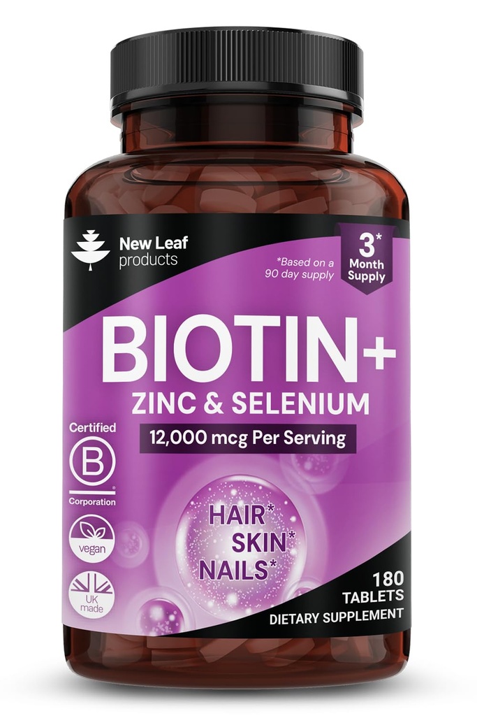 Biotine Haargroei Vitaminen 12000mcg Hoge sterkte met kokosolie - bevordert gezonde haarhuid & Nails - Biotine Vitaminen voor vrouwen& Mannen Veganistisch, Glutenvrije Supplementen - Made in The UK by New Leaf