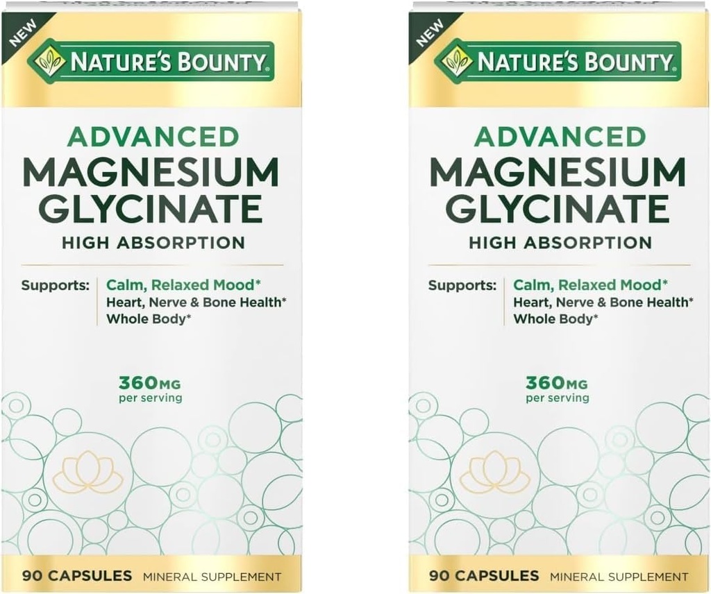 De Bounty Hoge Absorptie Magnesium Glycinate, Ondersteunt een Kalm & Relaxed Mood, Hart, Zenuwen, Muscle & Bone Health Support, 90 Capsules (Pack of 2)
