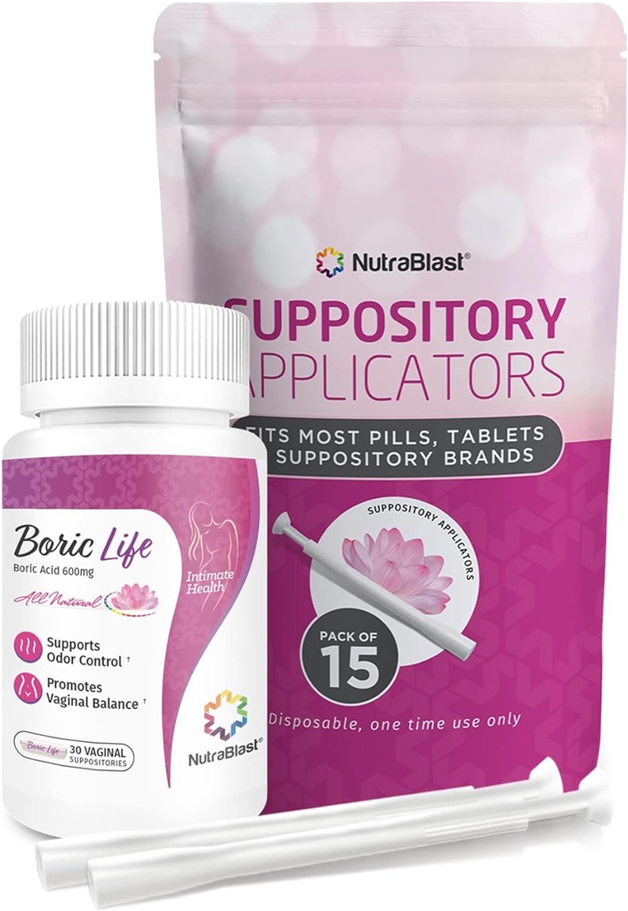 NutraBlast Boric Acid Vaginal Suppositories 600mg Bundle with Applicator, 30 Suppositories & 15 Applicators - Feminine Care - Made in USA